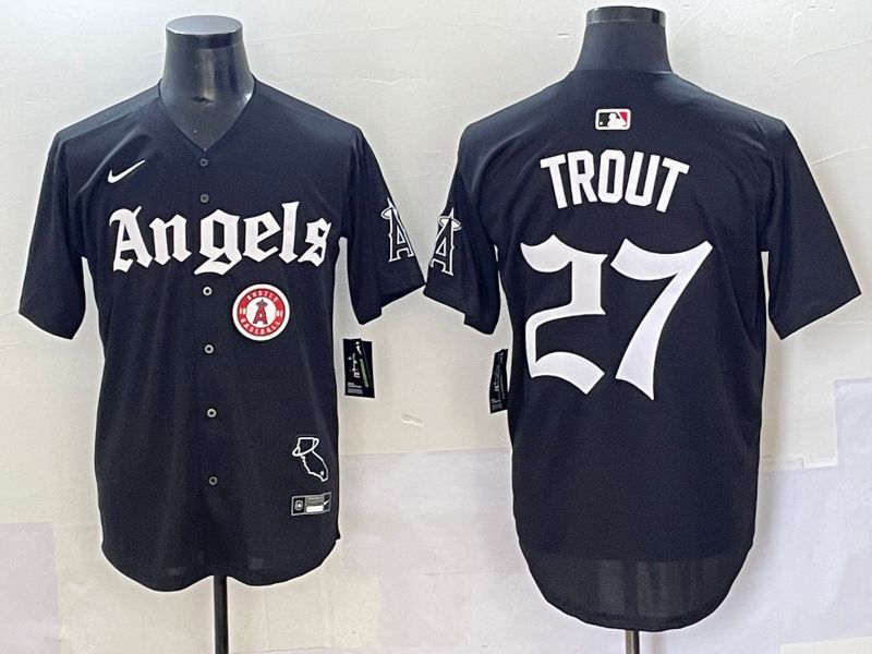 Men 2025 Los Angeles Angels #27 Trout Black Five generations Joint Name Nike MLB Jersey style 16->los angeles angels->MLB Jersey